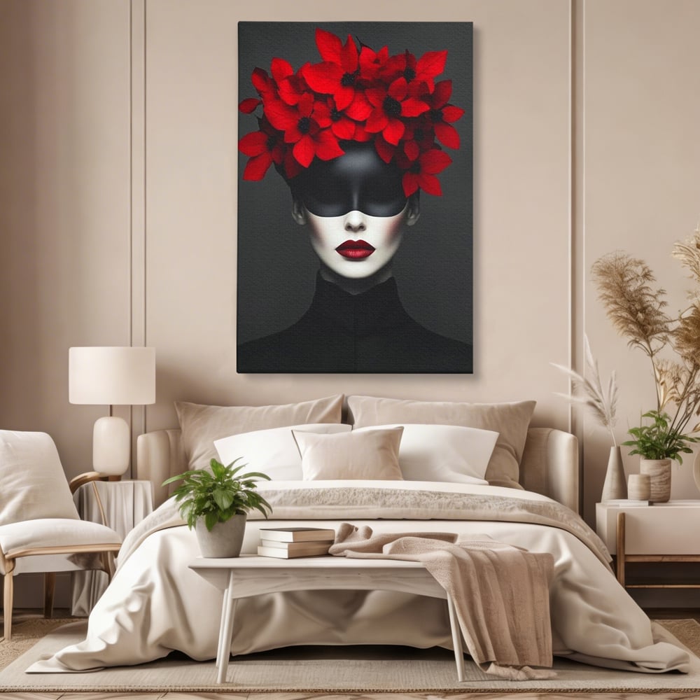 Tablou canvas cu tablou canvas cu femeie mascata si flori rosii, fara rama, pe sasiu de lemn, pe perete intr-un dormitor